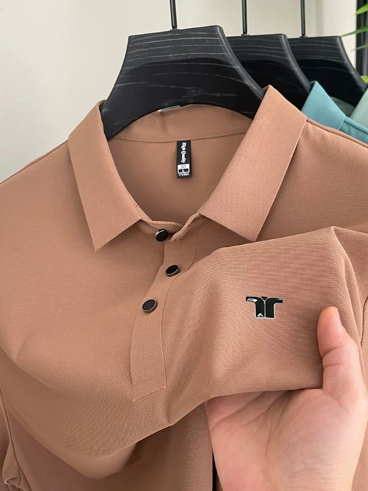 الراقية قميص بولو من الحرير الجليدي المألوف بأكمام قصيرة للرجال 2025 صيف جديد طباعة تصميم عادية تنفس العلامة التجارية تي شيرت