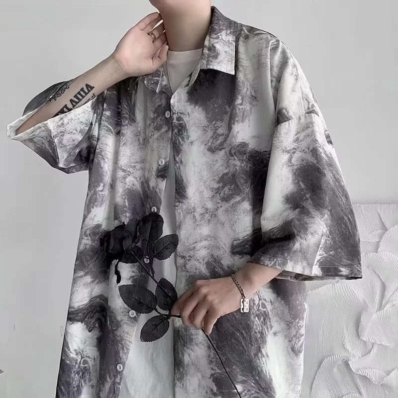 

Summer Faion Loose Men's Ice Silk ort Sve irt Dyed Tie Dye Five Sve Ice Silk Loose Thin Outerwear Casual irt