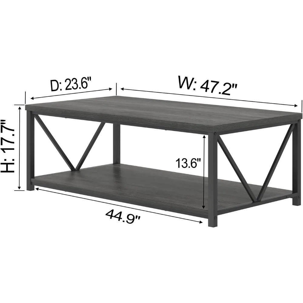 Estante de almacenamiento para mesa de centro Industrial, mesa de centro rectangular de madera y Metal rústico moderno para sala de estar, gris oscuro, 47 pulgadas