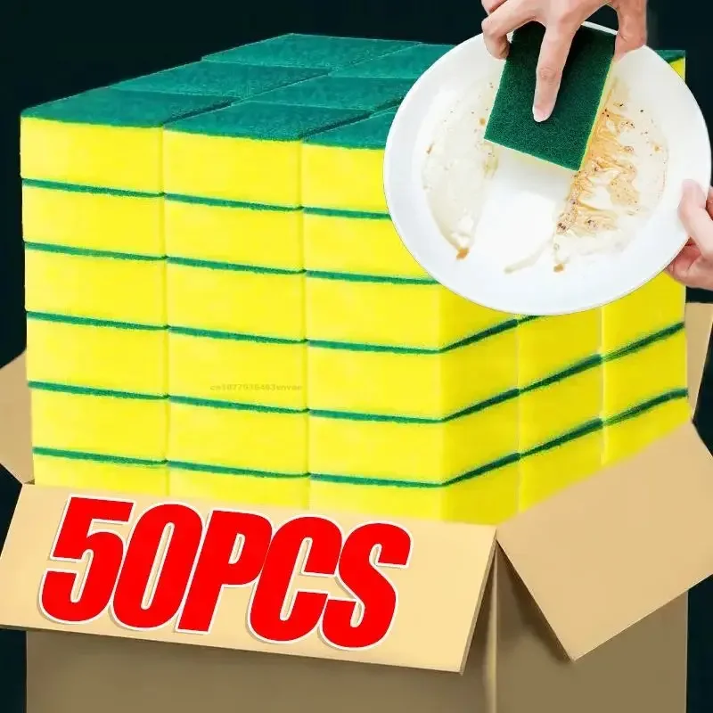 Esponja para lavar platos de cocina, 50/1 Uds., suave, absorbente, limpieza, olla, estropajo de óxido, Kits de eliminación, cepillo de limpieza del hogar, esponja