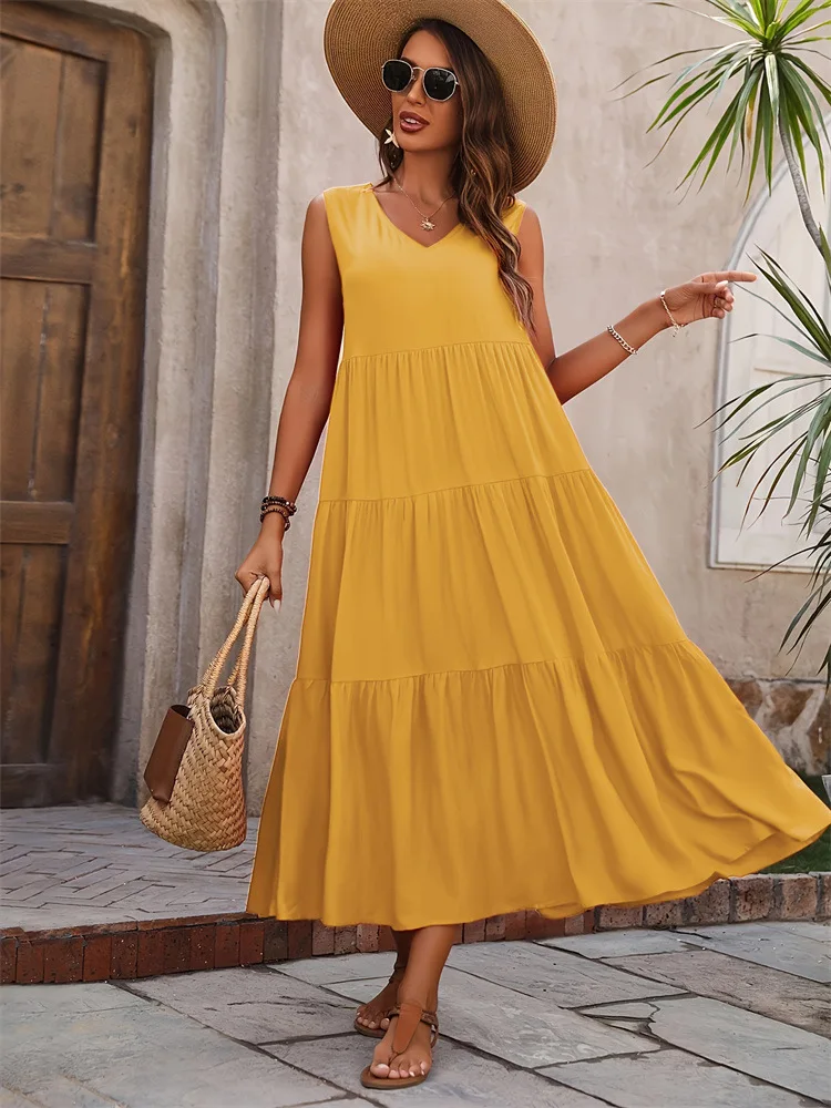 Loose Sleeveless Boho Dress 2024 V Neck Large Swing Solid Color Dress Tiered Ruffle Layer Summer Vest Dresses Long Vestidos