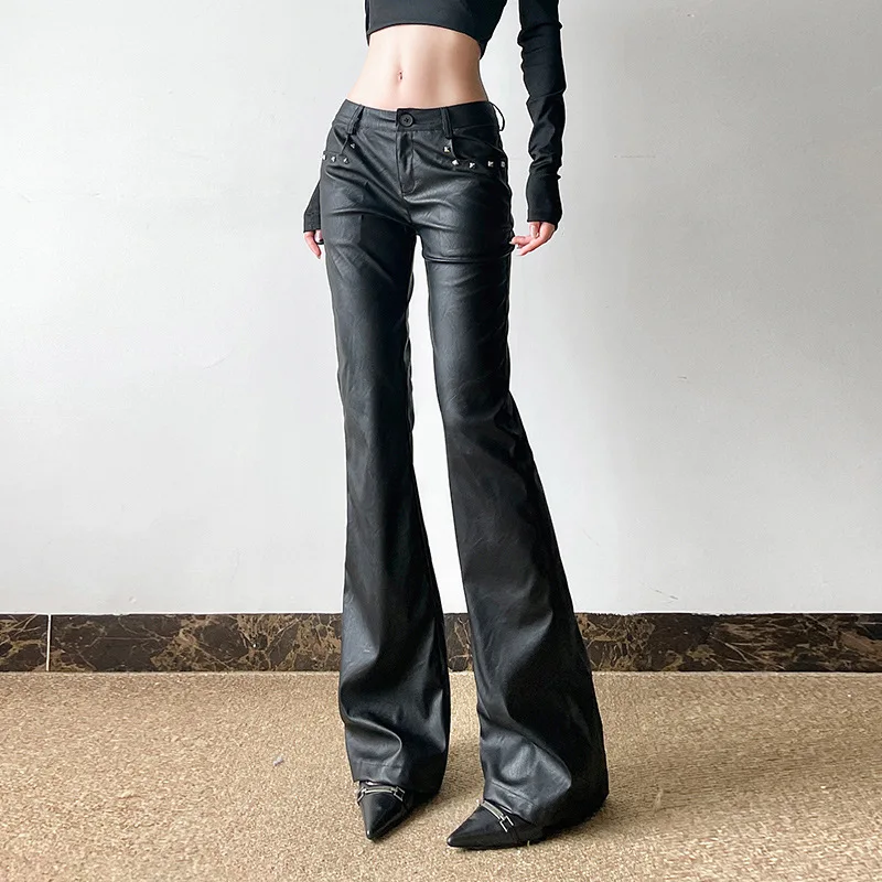 

2026 Street Style Cool Handsome Spice Girls Rivet Low Waist Leather Pants Dark Rock Slim Straight Pants