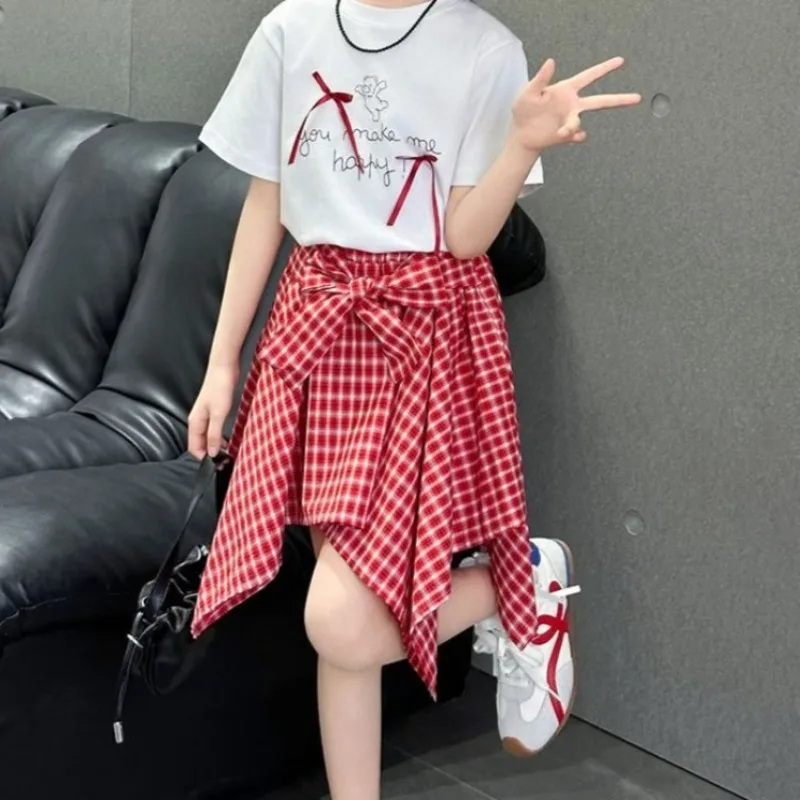 Girl's Summer Two Piece Set Stylish Short Sleeve Plaid Skirt Top Combo for Kids Summer Fashion Mini Skirt Set with Breathable