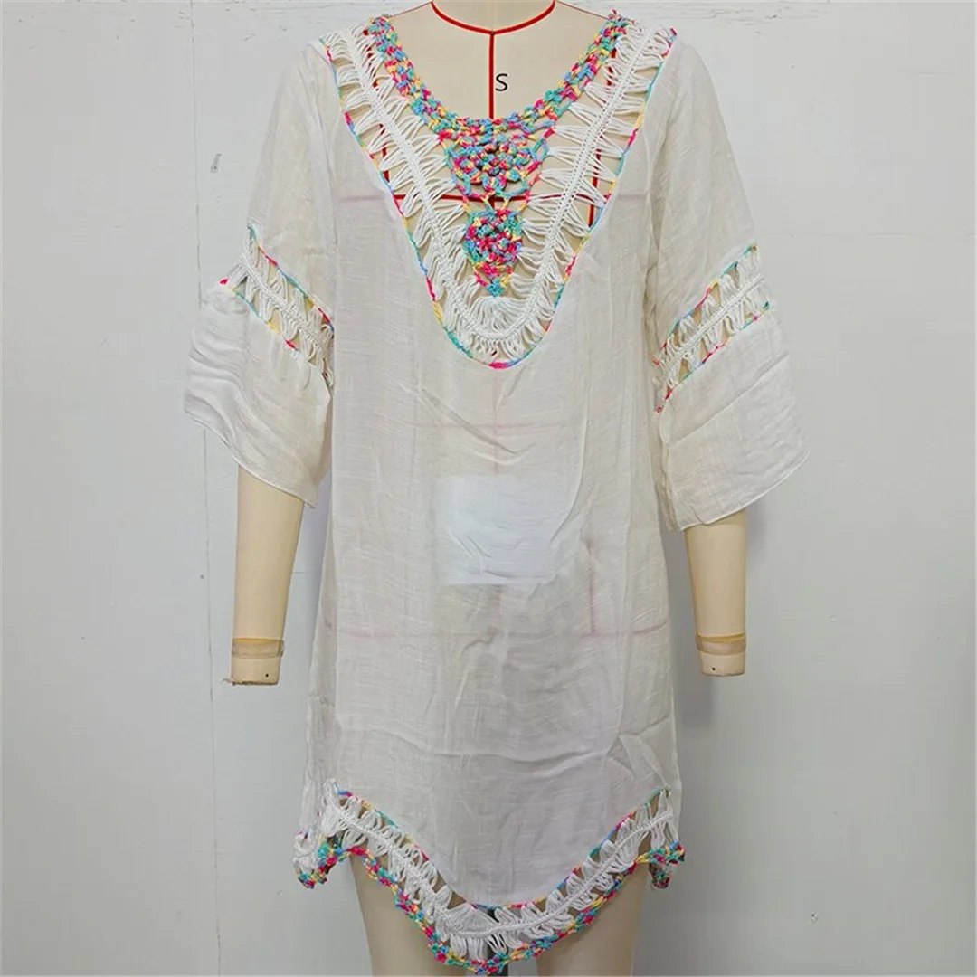 Buntes, halbärmeliges, rückenfreies, gehäkeltes, gestricktes Tunika-Strandkleid, Strandmode, Damen-Strandkleid, Strand-Cover-up, Damen-Cover-ups V7537 – Detail 12