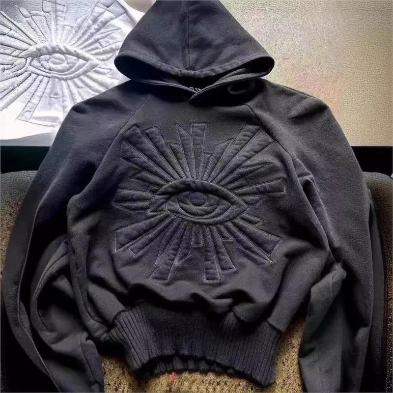 Evil eyes Hip Hop Pattern Embroidered Gothic Hoodie 2024 New American Street Style Y2K Men's and women's hooded sweatshirts