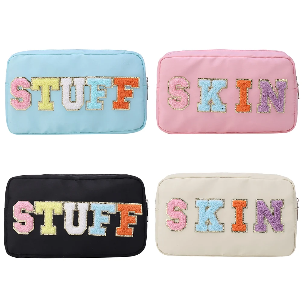 

Casual Toiletry Bag Embroidery Letter Patch Travel Organizer Portable Zipper Female Cosmetic Bag Waterproof Nylon for Lady Girls
