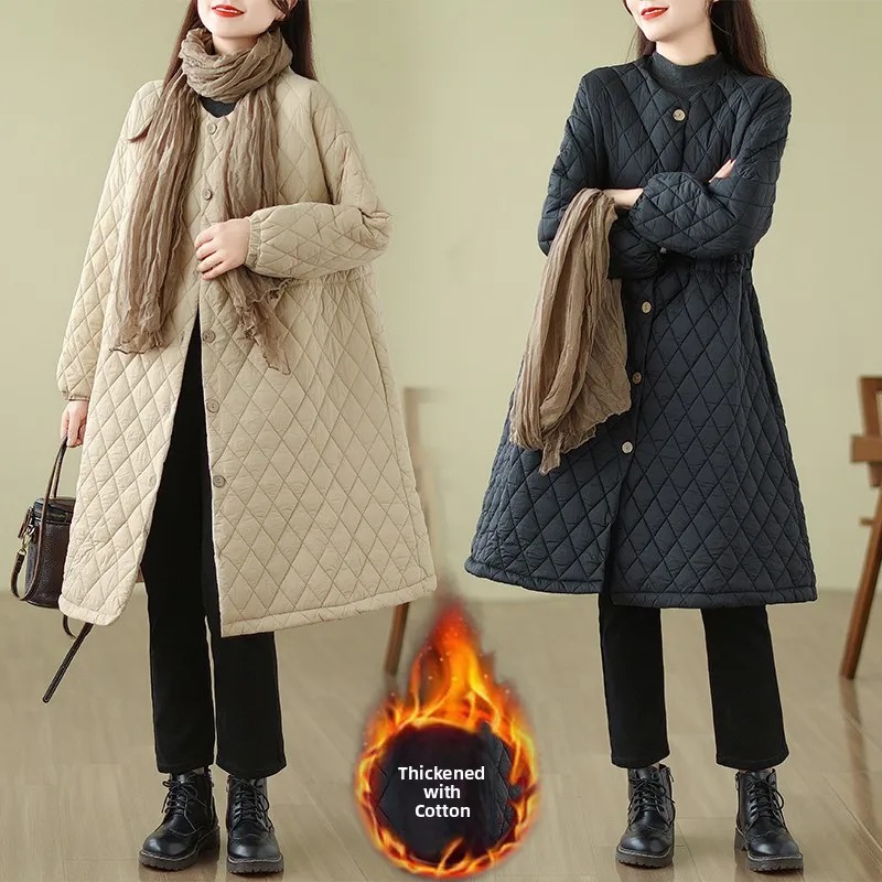 

plus Size Women's Cotton Jaet Autumn Winter Warm Loose Casual Waist-Cinching Coat Sli Korean round Ne Long Sve