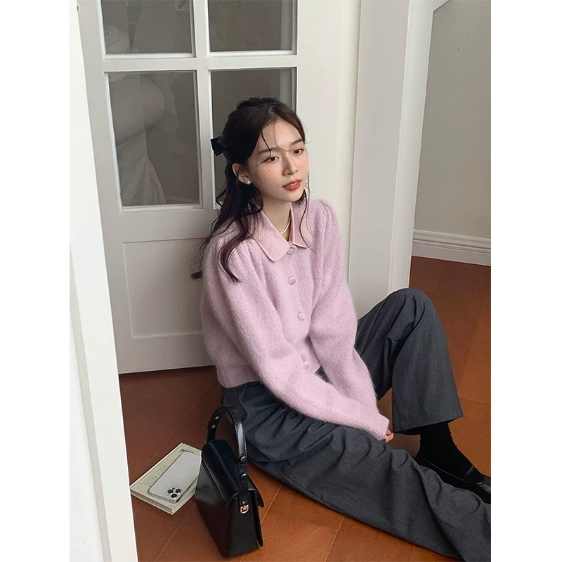 MEXZT Elegant Knitted Cardigans Women Cropped Patchwork Sweater Coat Korean Solid Slim Knitwear Jackets All Match Jumper Outwear