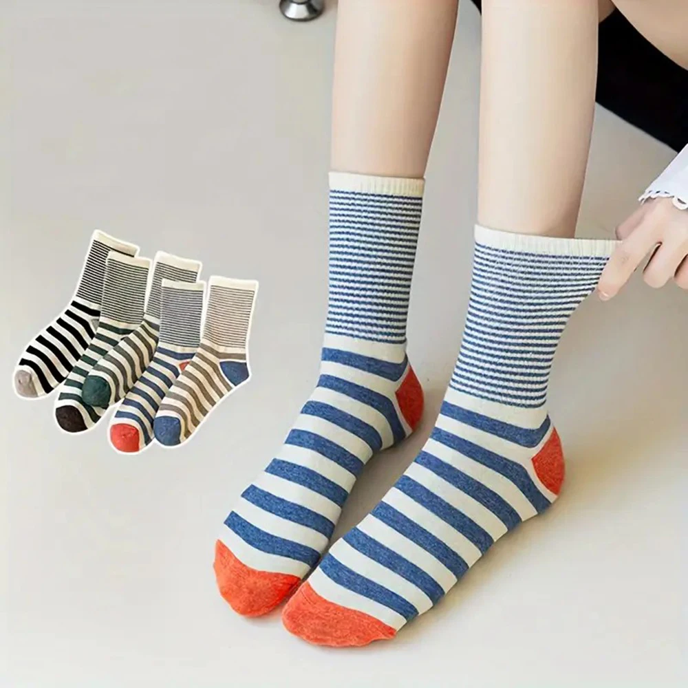 5 Pairs Women Color Blocked Striped Mid Tube Socks Fashionable Horizontal Striped Comfortable Breathable Casual Round Neck Socks