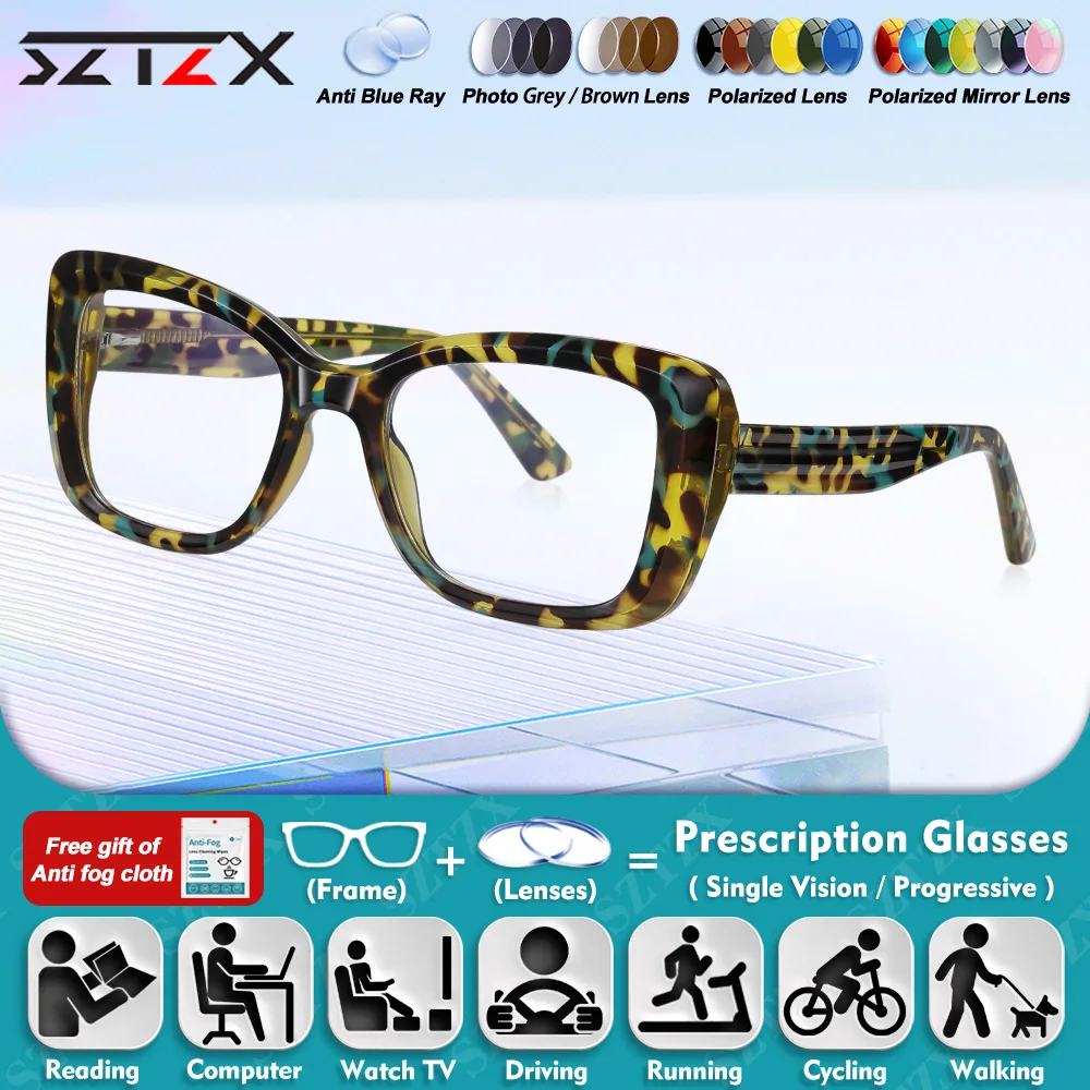 

SZTZX Fashionable Rectangle Frame Myopia Computer Office Glasses Women Anti Blue Ray Progressive Prescription Optical Eyeglasses