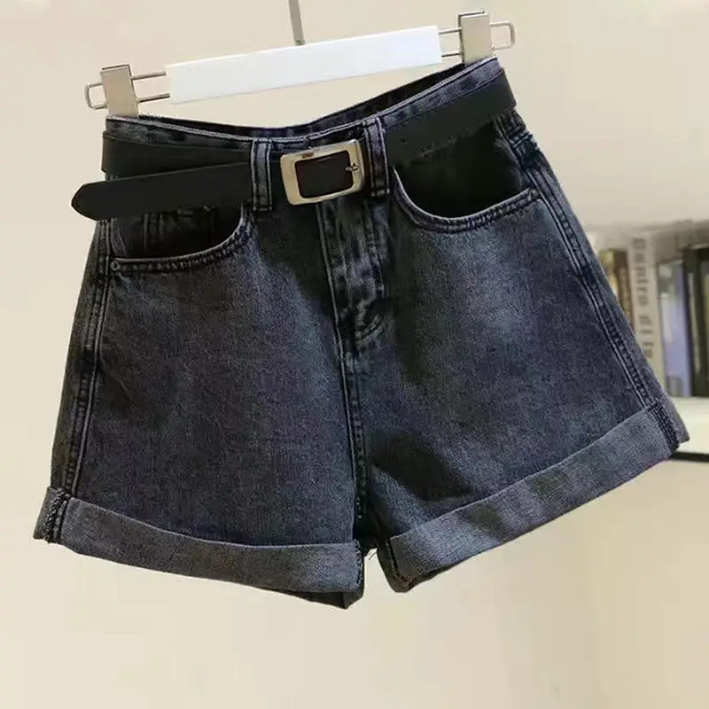 Solid High Waisted Denim Shorts Women's 2024 New Summer Korean Loose Rolled Edge A-line Wide Leg Hot Pants Lady Basic Shorts