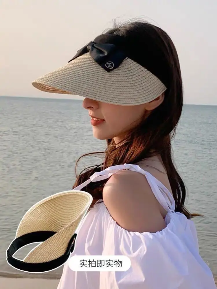 Neue Sommer leere Top Bast Strohhut Frauen Outdoor-Reise Strand Sonnencreme Anti-UV-Reiten Sonnenhut Mädchen große Krempe Bogen Visier Kappe – Detail 4