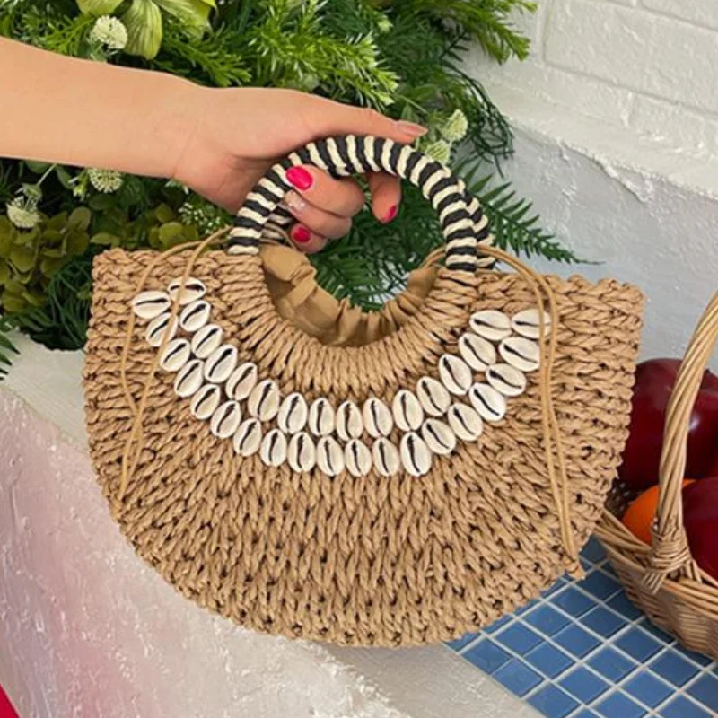 

Half-circle Straw Beach Bag Bohemian Style Women's Woven Bag Simple Versatile Large Capacity Travel Seashell Decorated Tote Bag