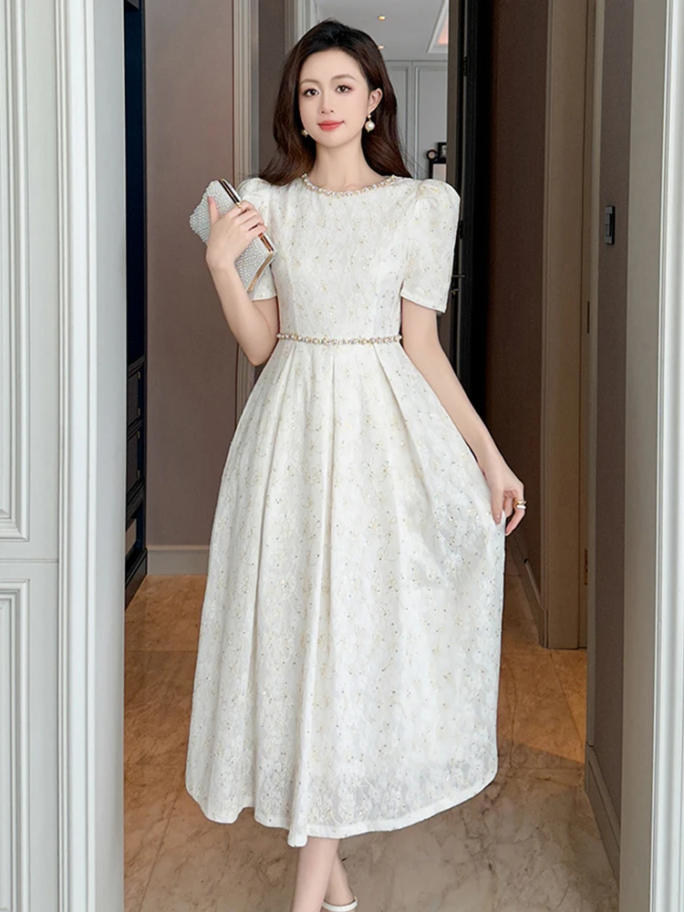 

Summer Fashion White Lace Evening Dress Women Clothes Elegant Sweet Flower Puff Sleeve Slim Midi A-Line Party Prom Vestidos Robe