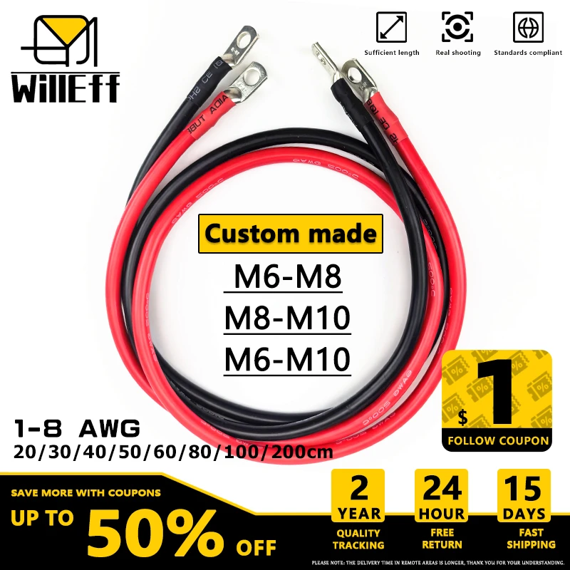 

Custom made M6-M8 or M8-M10 or M6-M10 Black and Red Lug Cable Auto Battery Cable Silicone Terminal wire Very soft 8 6 4 2 1 AWG
