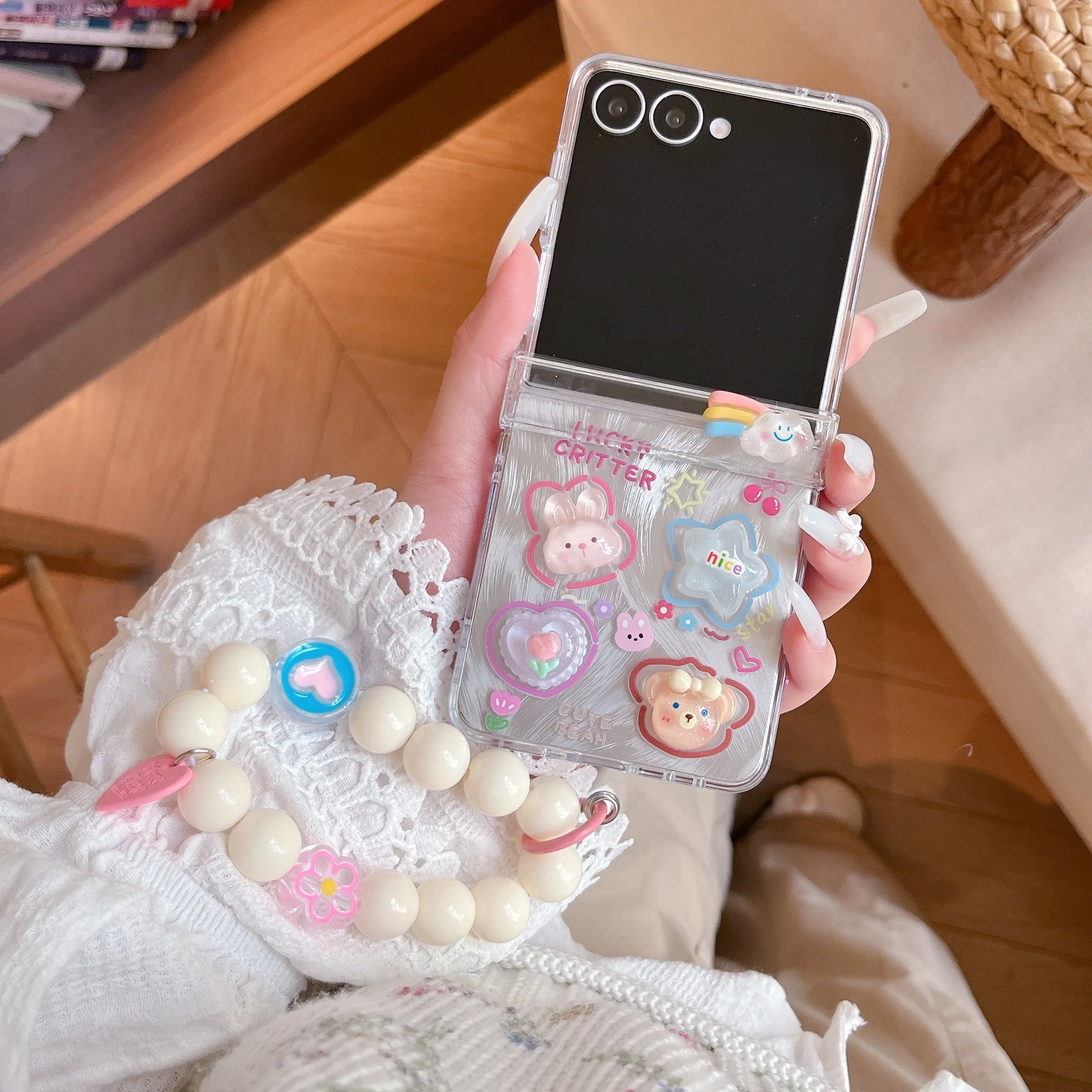 3D Cute Rainbow Rabbit Transparent Shell with Bracelet for S