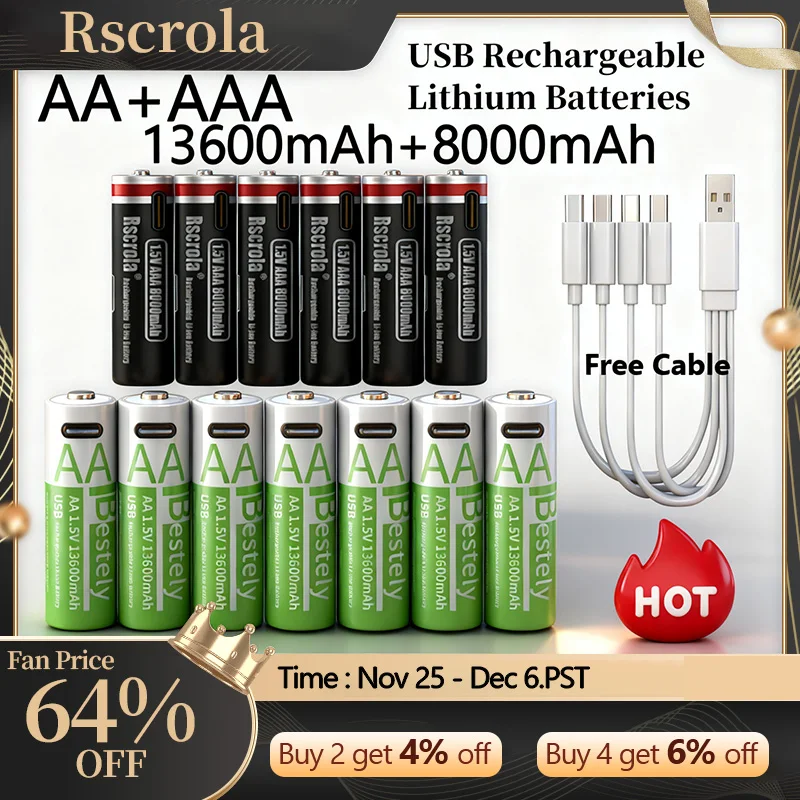 

New 1.5V AA13600mAh/AAA8000mAh USB Type-C Rechargeable Lithium Battery for Mouse， Cameras, Electric Toothbrushes, Shavers
