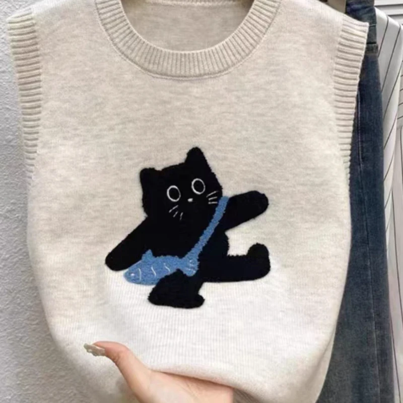 AOSSVIAO 2026 Women Knitted Tank Top Summer Fall Cartoon Sweater Short O Neck Sleeveless Solid Spring Sweaters Pullovers