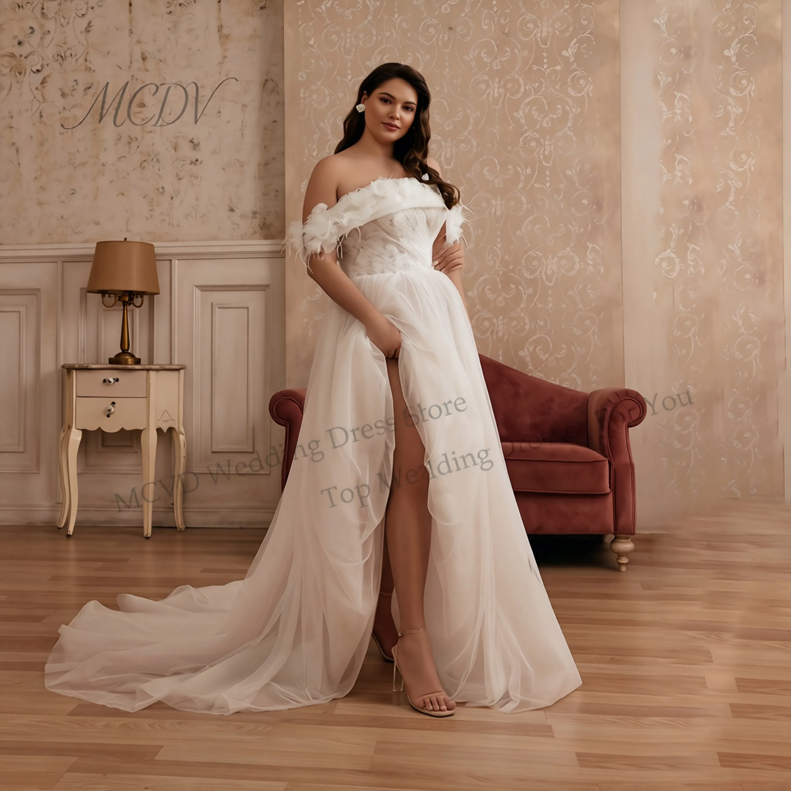 

Boho Weddings Dresses Plus Size Bride Off Shoulder Applique A Line Feathers Vestidos De Novia Verano Bride Gowns Cstomized