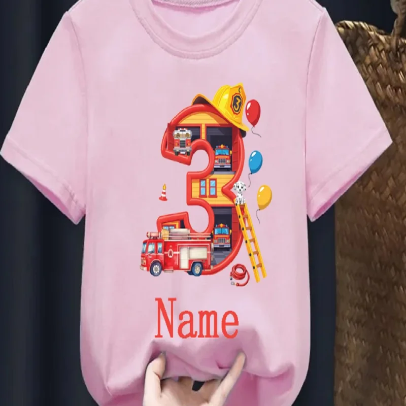 Funny 3rd Birthday Fire Truck Themed T-Shirt for Kids Custom Name Firefighter Party Shirt Boy/Girl Summer Short Sleeved Birthday