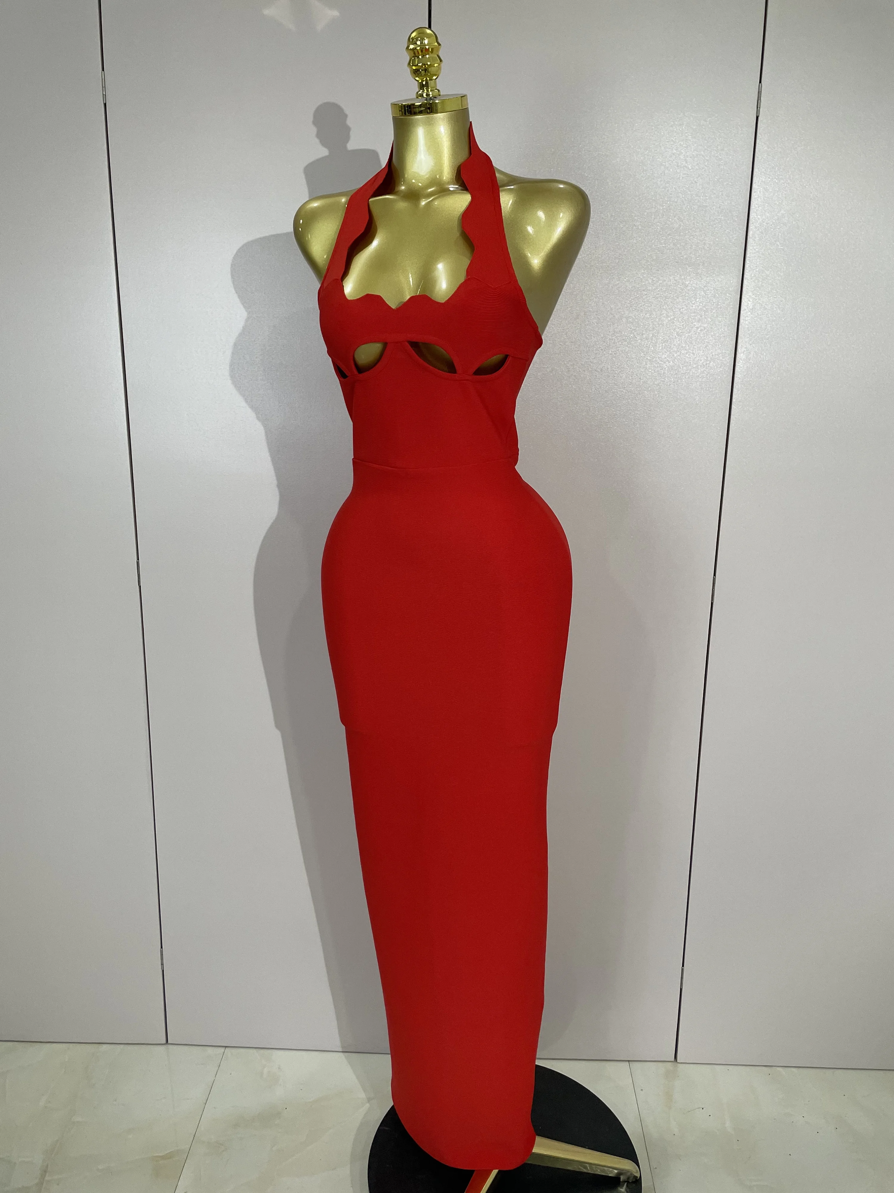 Sexy Halter Neck Heart Shaped Bust Cut Out Backless Split Bandage Long Dress Evening Party Celebrity Birthday Photo Shoot Outfit