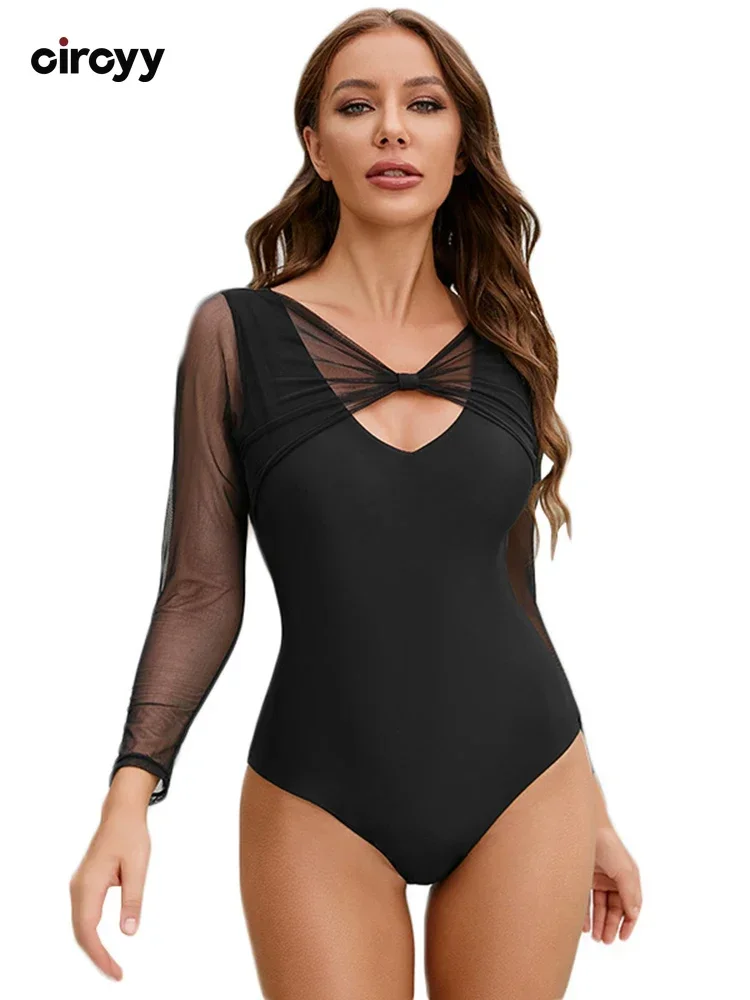 Hollow Out Swimwear Women Black Sexy Spliced Beachwear Long Sleeve Monokini Beach Summer 2026 Bodysuit New Holiday Bikini