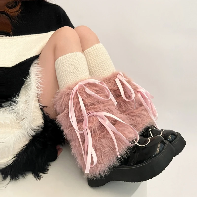 E15E femmes hiver fourrure blanc jambières bas Harajuku Vintage chaud Leggings bottes manchettes doux nœud floue