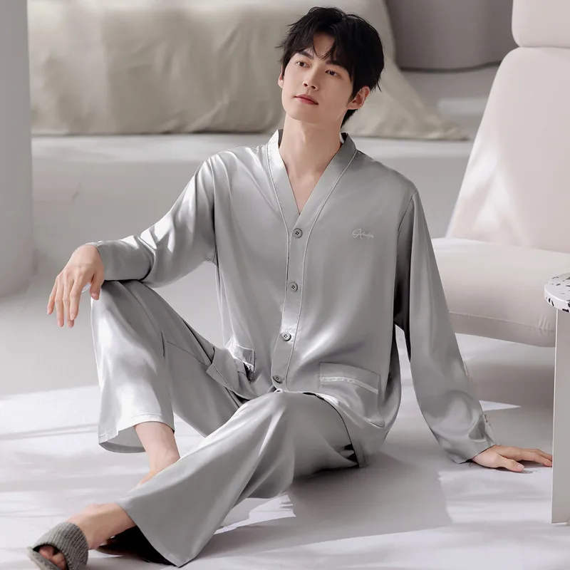 2026 New Mens Ice Silk Pajamas Long Sleeve Trouser Home Clothing Set Spring Large Size L-4XL Kimono Nightwear pyjamas men