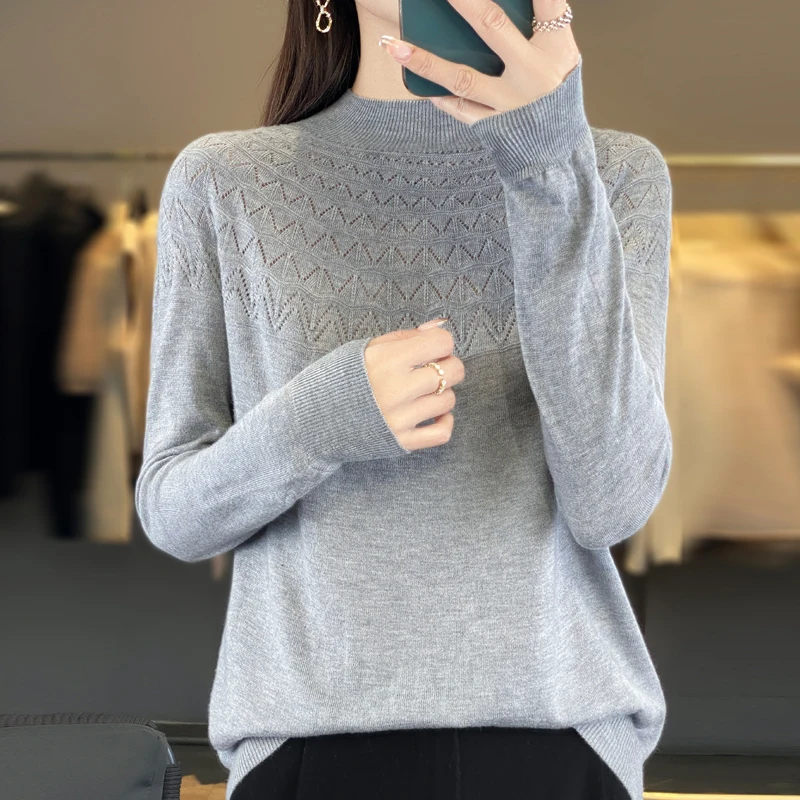 Women's Pullover Autumn New Worsted Wool Sweater Casual Hollow Knitwear Ladies' Tops Loose Half Turtle Collar Blouse