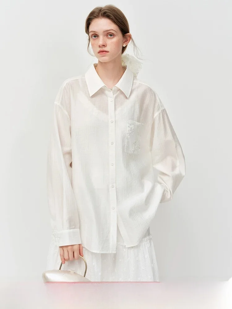 

Vivian Women's Lace Knot irt White Splice Design Summer New Sle Loose Fit Long Sve Busin Casual irt