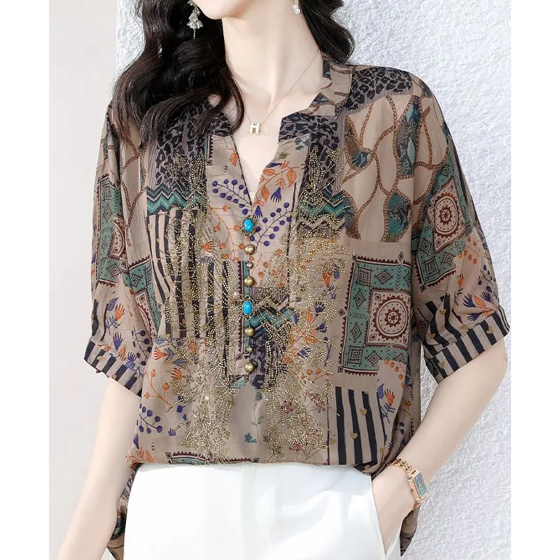 Vintage Casual Printing V-Neck Shirt for Women Summer Loose All-match Short Sleeve Diamonds Spliced Blouse Women\'s Clothing