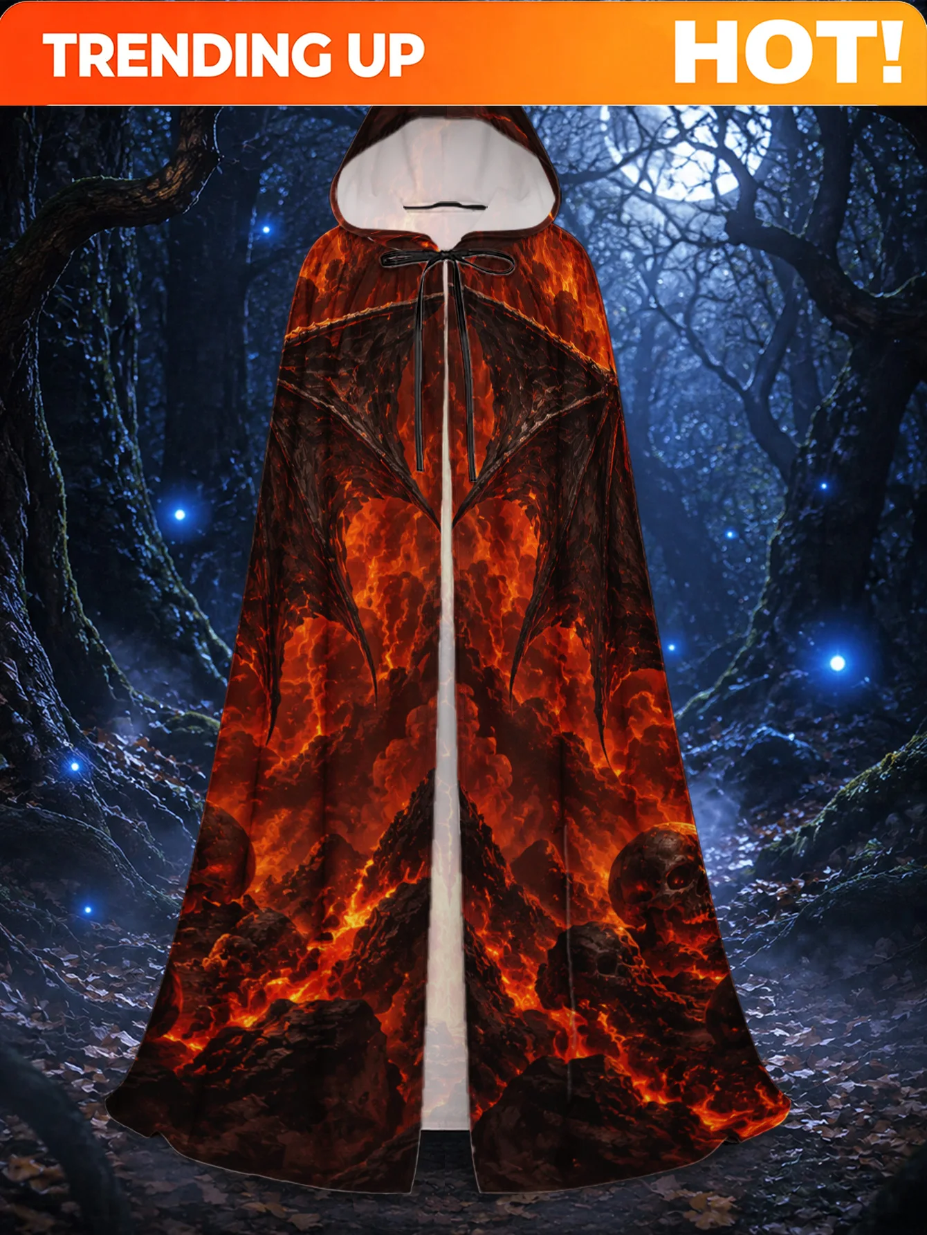 Customization 1pc Men' Gothic Hooded Cape With Fiery Demonic Heart & Skulls - Durable Polyester Costume Cloak Suitable For, Role