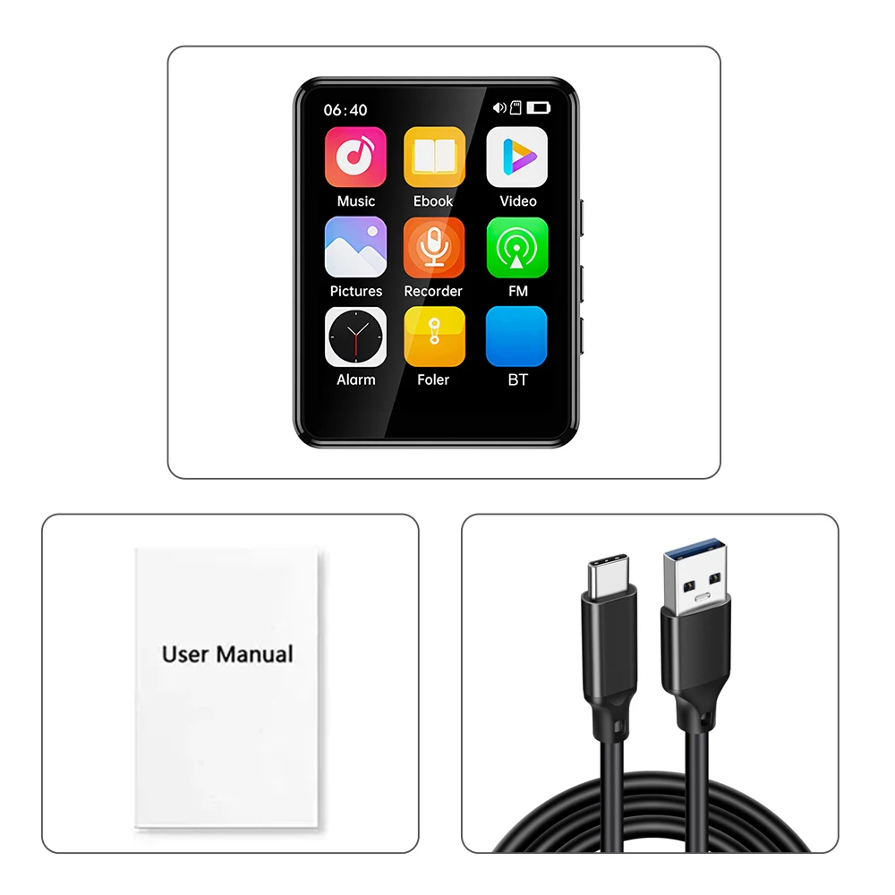 مشغل MP3 محمول مع شاشة تعمل باللمس ، مشغل موسيقى مع مكبر صوت ، راديو FM ، تسجيل الكتاب الاليكتروني ، بلوتوث ، Walkman ، 16 جيجابايت ، 32 جيجابايت ، 64 جيجابايت