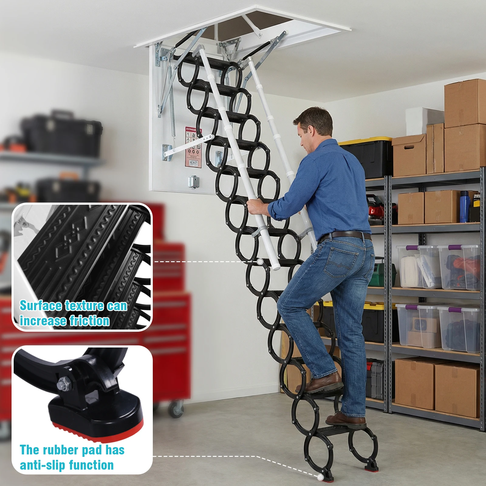 

12 Steps Steel Attic Staircases with Handrails Pull Down Attics Ladders 660LBS Capacity Height Adjustable For Home Duplex Villas