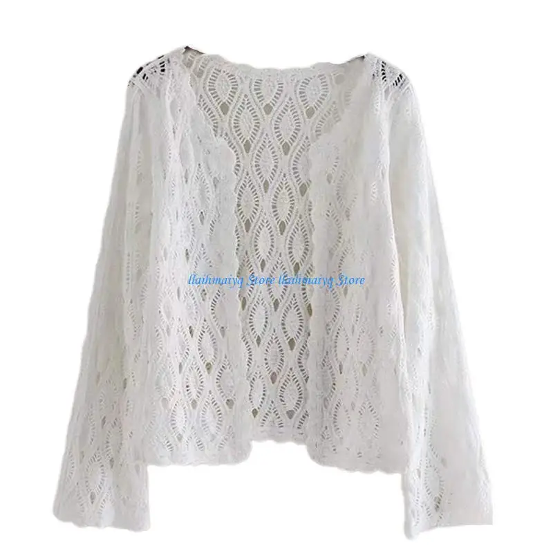 573B Women Long Sleeve Crochet Cardigan V-Neck Open Front Button Loose Sweater Coat Hollow Out Knitted Floral Vintage