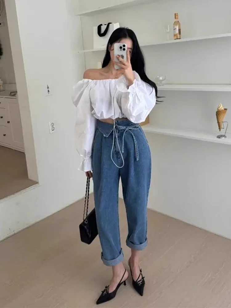 Vrouwen hoge taille losse denim broek lente zomer flip taille kraag riem rechte Harlan jeans lange broek streetwear Y2K broek