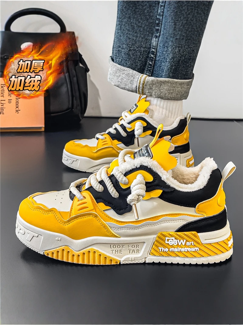 Men's Winter Warm Fleece Lined Sports Casual Shoes Thick Bottom Large Size 47 48 Trendy Slip-On Outdoor Leisure Footwear