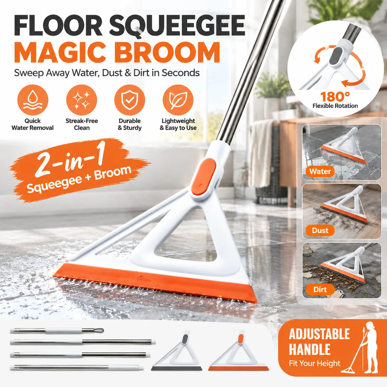 Stainless Steel Floor Squeegee Heavy Duty Water Removal Blade For Bathroom Tile Shower Glass Kitchen Garage Window Cleaning