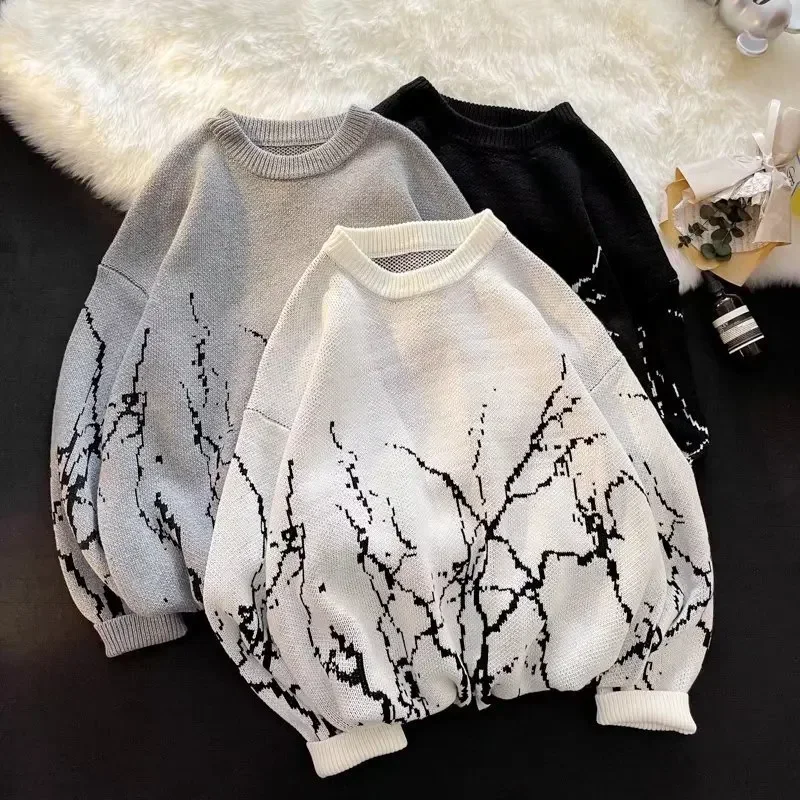

Men Flat Knitted Sweaters Long Sleeve O Neck Pullovers Print Jumpers Loose Fit Casual Sweater 2025 Autumn Winter Slight Strech