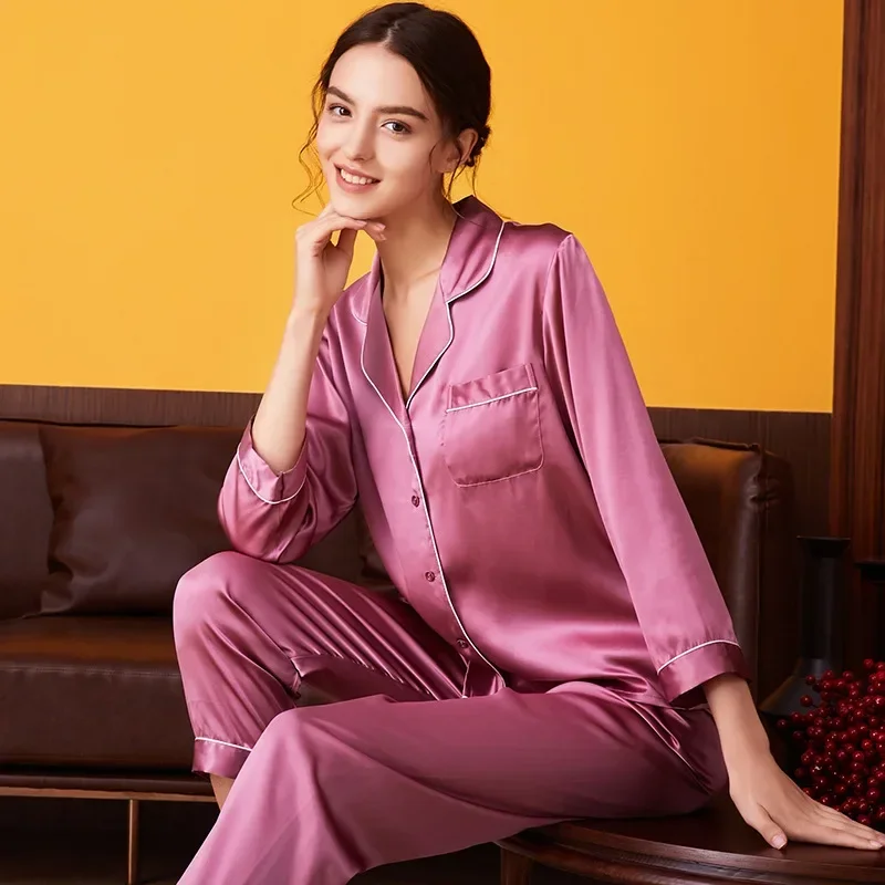 100% Silk Pajamas Set for Women Summer and Autumn Long-sleeved Mulberry Home Service Silk Women\'s Pajamas Set pijama feminino