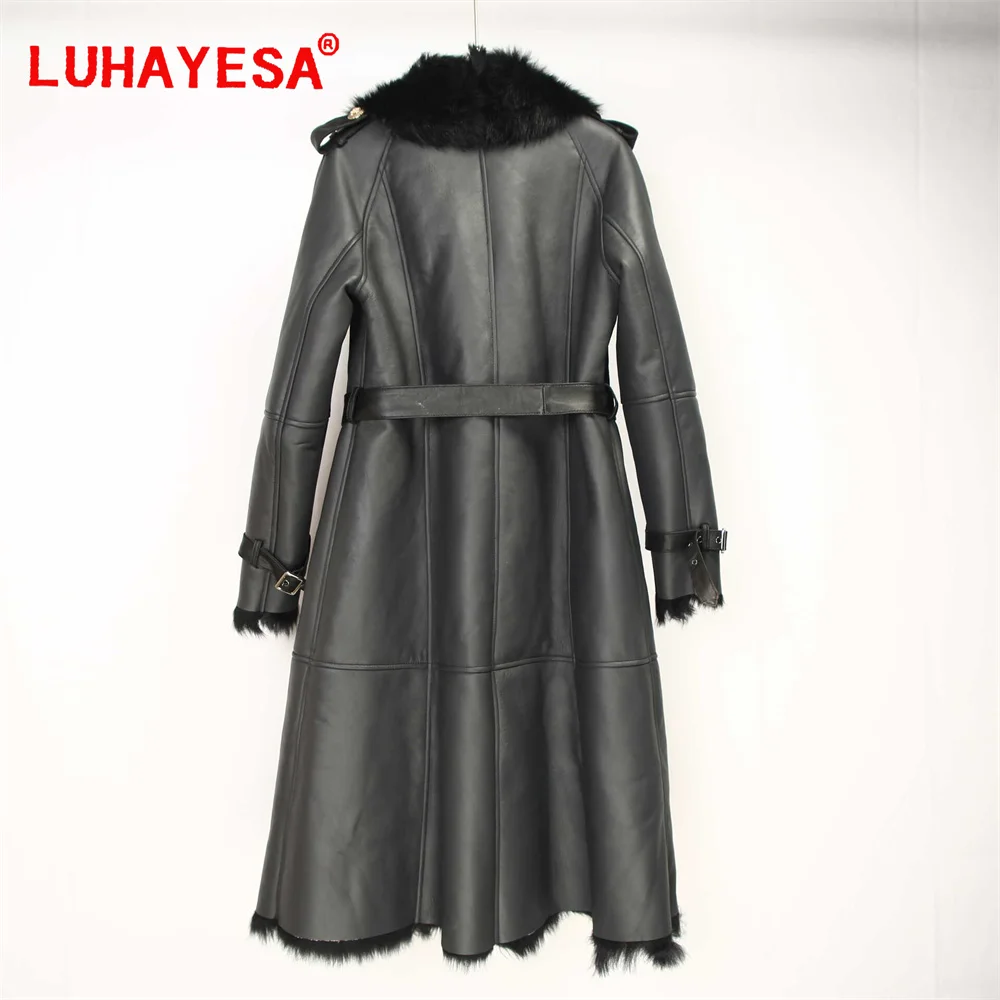 2024 Spain Tuscany Lamb Shearling Fur Coat Women Black Slim Extra Long Double Breasted Real Fur Clothing