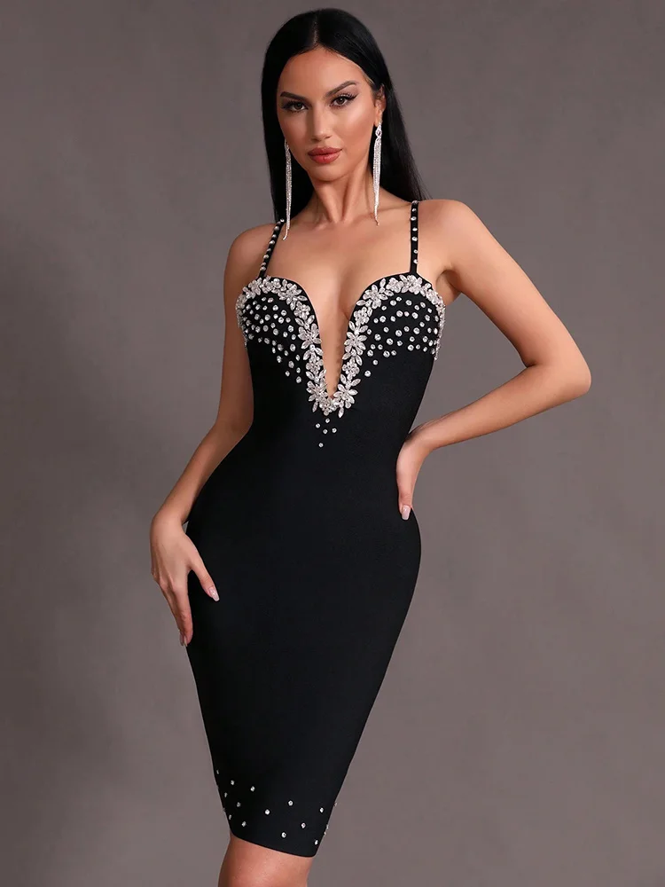 

Black Bandage Dress for Women Luxury Crystal Spaghetti Strap Sleeveless Party Dresses 2024 Hot Sale