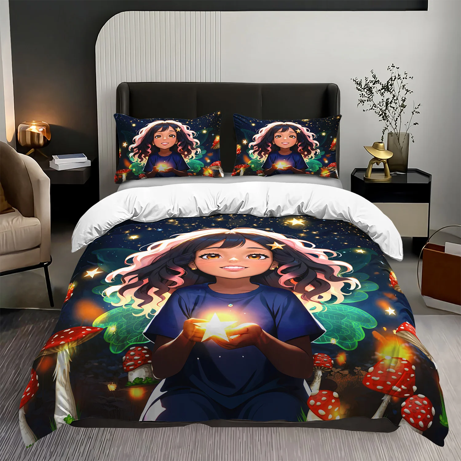3pcs Little Fairy Starry Night Duvet Cover Set Anime Girl Bedding Set Cartoon Bed Set Fantasy Bedroom Decor Four Seasons