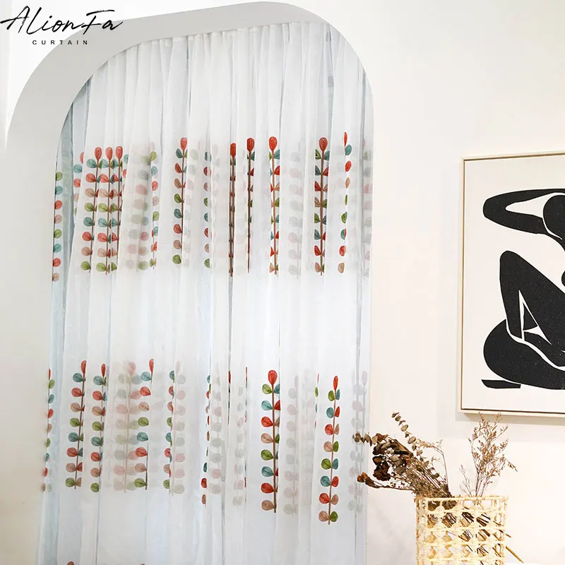 Tricolor Leaves Embroidered Tulle Curtains for Living Room and Bedroom, Korean Sheer Voile Curtain Kitchen Short Curtain Blinds