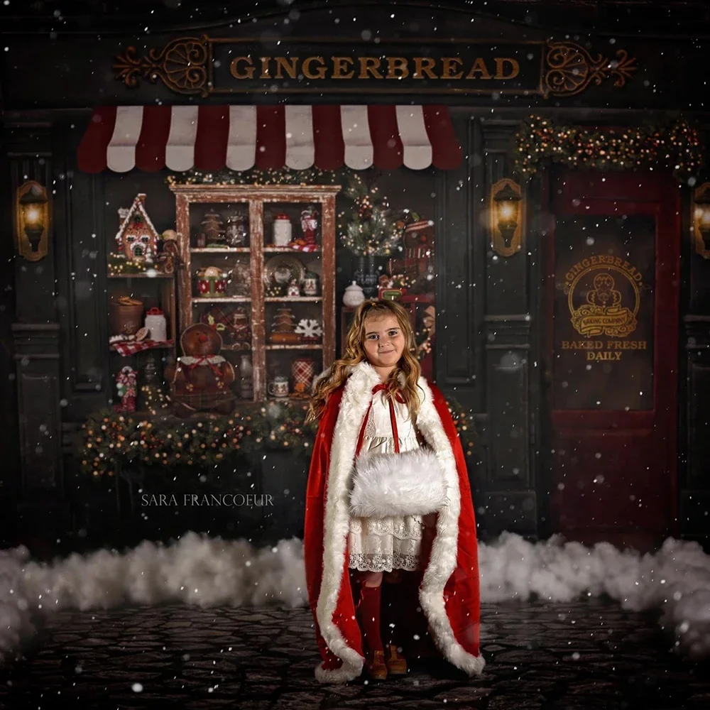 Retro Gingerbread House การถ่ายภาพฉากหลังผ้า Xmas Room ภาพพื้นหลัง Photo Studio Winter Street ฉากหลังคริสต์มาส