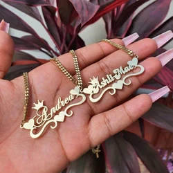 Custom Heart Name Necklace With Heart Ribbon Stainless Steel Crown Nameplate Pendant Necklace Women Jewelry Best Friends Gifts