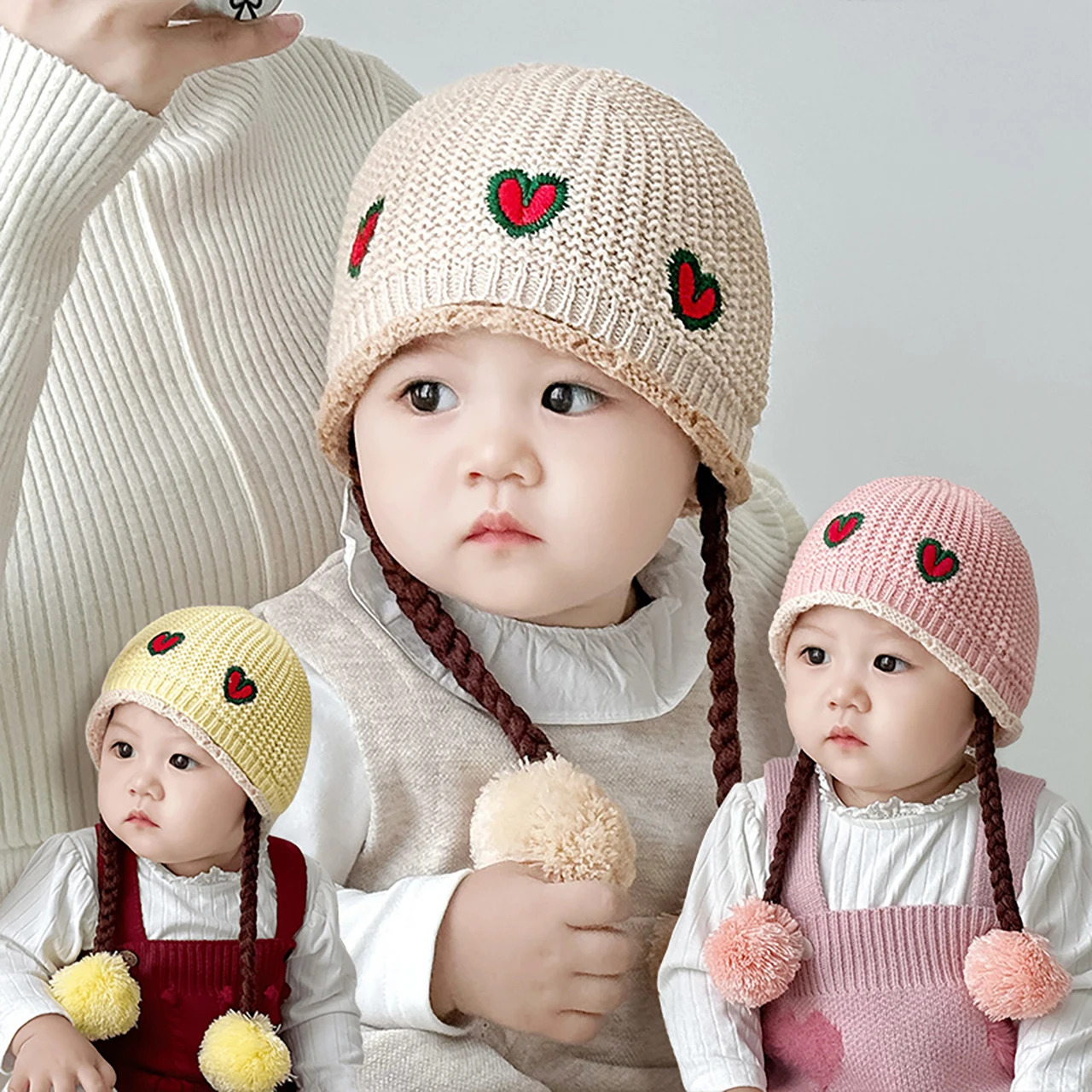

Пуловер с косой Sweet Love, зимние теплые детские защитные шапки для ушей, детская вязаная шерстяная шапка с помпоном, шапочка для новорожденных от 0 до 12 месяцев