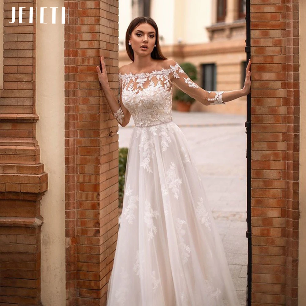 JEHETH Elegant Strapless A-Line ชุดแต่งงาน2022เรือคอ Appliques ลูกไม้ Boho เจ้าสาวชุดแขนยาว Vestido De Novia