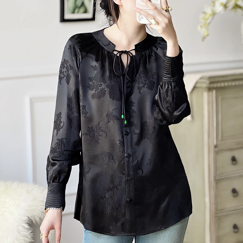 

Heavy-weight 28 Momme Real Silk Elegant Shirts Blouses For Women Long Sleeve Women's Black White Shirt Loose Tops Floral Blouse