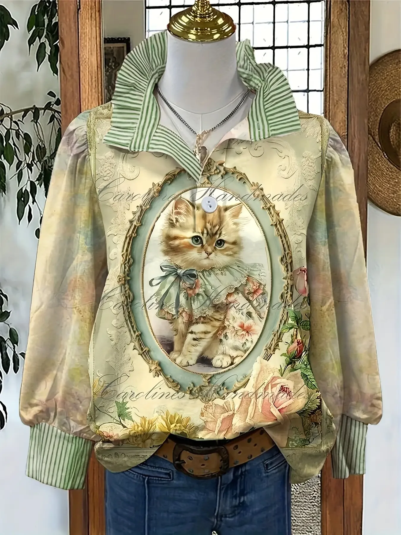  New Christmas Women's Spring and Autumn Winter Women's Stand up Collar Versatile Fashion Long Sleeve Rabbit Pattern Shirt